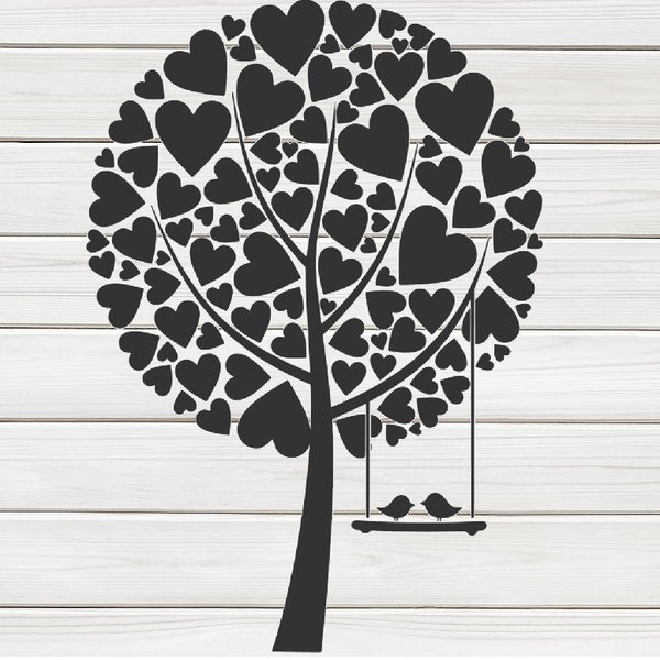 Love Birds on Heart Tree Stencil Model Image design print Digital Download ClipArt Graphic Dyi craft furniture Wall Deco Vector SVG PNG DXF