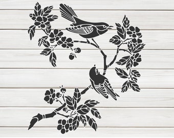 Two Cute Birds on Branch Stencil Model Image design print Digital Download ClipArt Graphic Dyi craft wall furniture deco Vector SVG PNG DXF