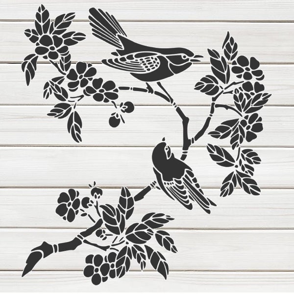 Zwei süße Vögel auf Ast Schablone Bild Design Druck Digital Download ClipArt Grafik Dyi Handwerk Wand Möbel Deko Vektor SVG PNG DXF