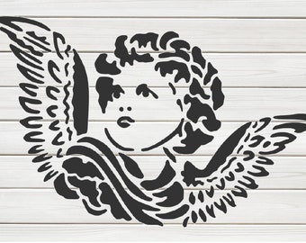 Bébé ange visage ailes pochoir modèle modèle conception impression téléchargement numérique Clip Art bricolage graphique artisanat mur meubles déco vecteur SVG PNG DXF