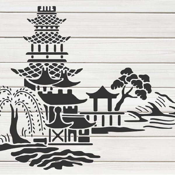 Chinese Landscape 2 Stencil Model Template design print, Digital Download ClipArt Graphic for Dyi craft wall furniture deco , SVG, PNG, DXF