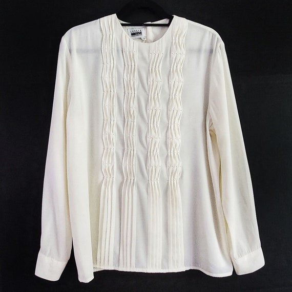 Vintage 80s Leslie Fay Ivory Pleated Blouse Sz 12