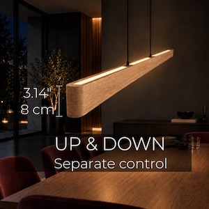 May include: A linear wooden pendant light fixture with integrated LED strips, suspended by two black cords. The light measures 3.14 inches in height. The text UP & DOWN Separate control is visible, indicating independent light source operation.