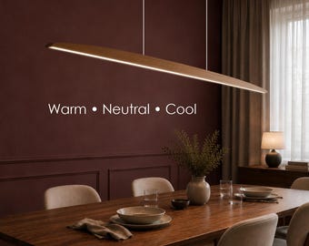 Luxury Oak Linear Pendant Light, Curved LED Chandelier, Modern Kitchen Island Dining Table Lighting