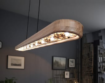 Elegant Linear wood chandelier in solid oak, Dimmable, Separate edge control, Full control