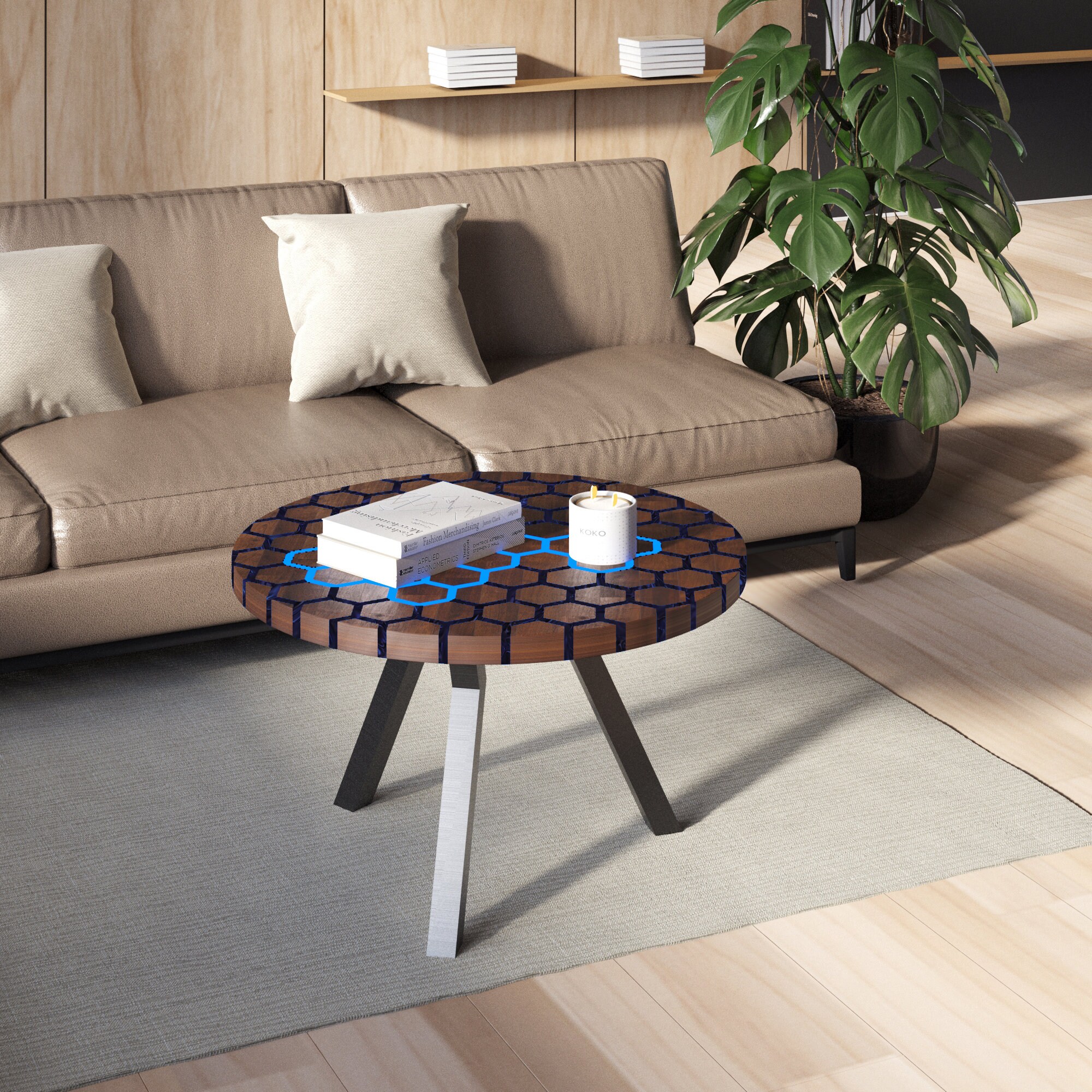 Touch Table. Оn a Wire. Glowing Round Table is Made of Epoxy Resin. It ...