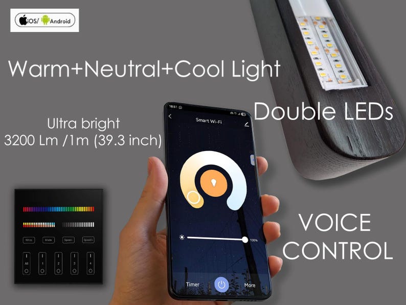 May include: Image of a smartphone displaying a smart lighting control interface. The screen shows a color wheel and brightness slider. Text on the image includes "Warm+Neutral+Cool Light", "Ultra bright 3200 Lm /1m (39.3 inch)", "Double LEDs", and "VOICE CONTROL".