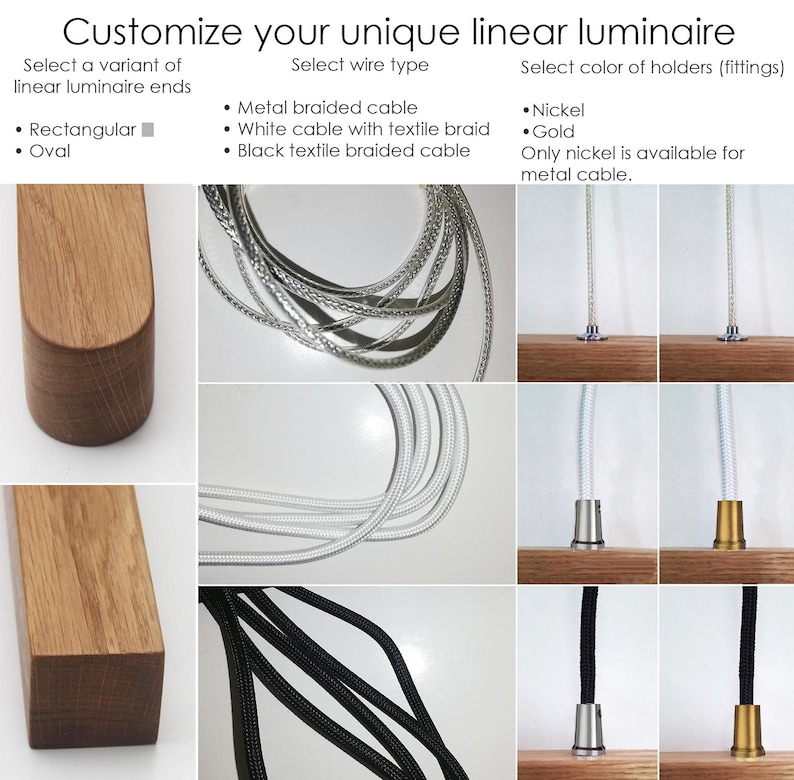 May include: Image showcasing options for a linear luminaire. Choices include rectangular or oval ends, metal braided, white, or black textile braided cables, and nickel or gold holders. Text reads: "Customize your unique linear luminaire."