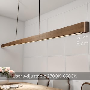 Long Custom Wood Linear Chandelier, Dimmable Kitchen Island Fixture, Adjustable Color Temperature