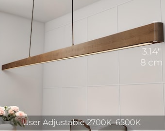 Long Custom Wood Linear Chandelier, Dimmable Kitchen Island Fixture, Adjustable Color Temperature