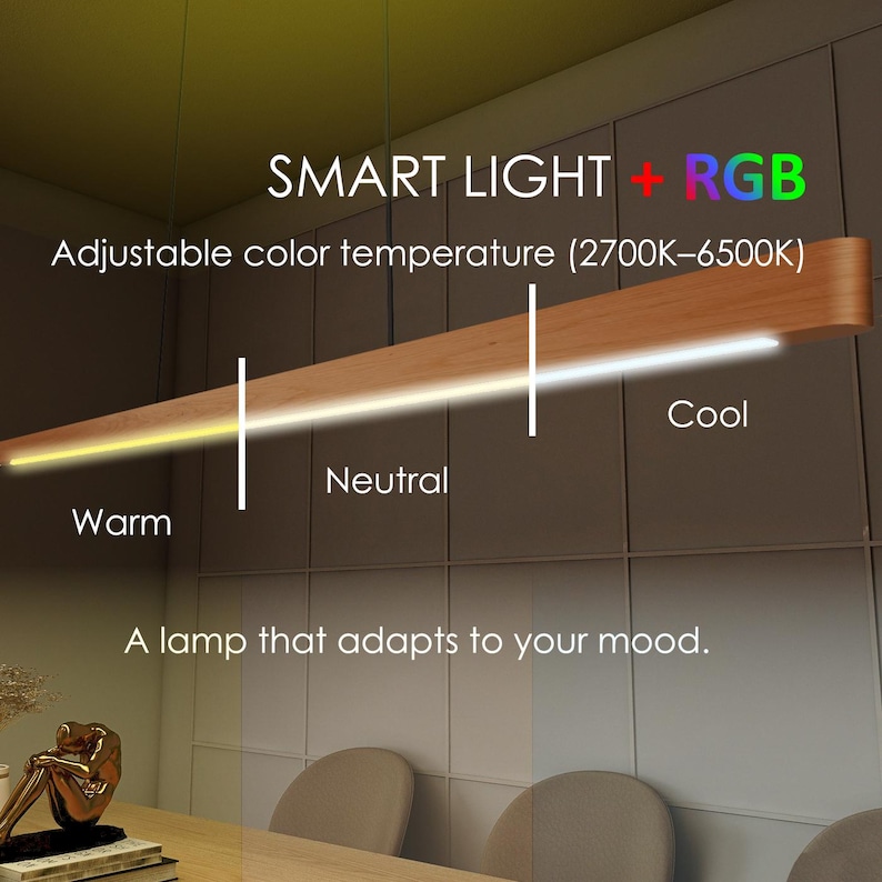 Linear rgb pendant light for kitchen island or dining table with dual-sided up and down lighting and smart control