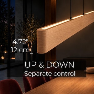 Oak Linear Pendant with Separate Up & Down Lighting, Custom LED Chandelier, Smart, Long