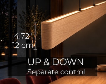 Oak Linear Pendant with Separate Up & Down Lighting, Custom LED Chandelier, Smart, Long