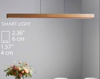 Long Dimmable Smart LED Fixture for Dining Table: Solid Oak Linear Pendant Chandelier