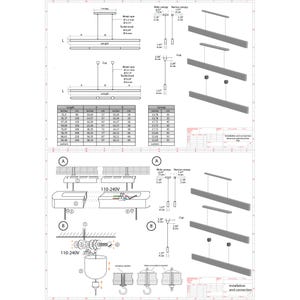 May include: Diagram of a modern linear pendant light fixture, including dimensions in inches and centimeters. The diagram shows the canopy, metal rope, and light bar, with detailed installation instructions and electrical specifications.