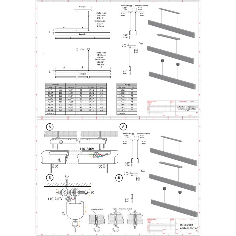 May include: Diagram of a modern linear pendant light fixture, including dimensions in inches and centimeters. The diagram shows the canopy, metal rope, and light bar, with detailed installation instructions and electrical specifications.