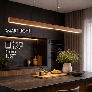 Long Smart Island Light: Dimmable Oak Linear Chandelier, Ceiling light with adjustable color temperature