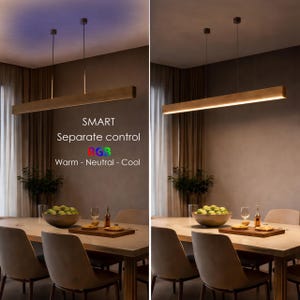 Smart rgb linear wood chandelier with dual-sided lighting above dining table in modern minimalist interior