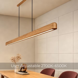 Solid Oak Linear Pendant Light, Ceiling Light Fixture for Kitchen Island: Adjustable Color Temperature
