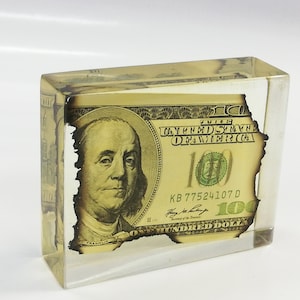 Burnt 100 Dollar Bill in Acrylic: Story Prop, Gag Gift