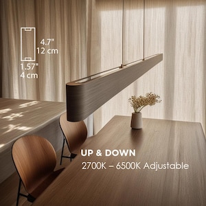 Smart Wood Linear Pendant Light: User adjustable 2700-6700K, Dimmable Wooden Hanging Light, Voice control