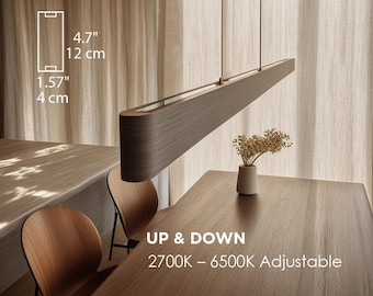 Smart Wood Linear Pendant Light: User adjustable 2700-6700K, Dimmable Wooden Hanging Light, Voice control