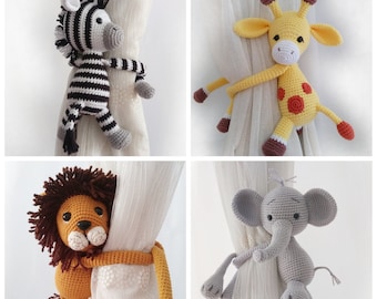 Safari Themed Curtain Tie Back, Safari Themed Nursery Decor, Amigurumi Elephant, Zebra, Giraffe, Lion Toy