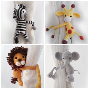 Safari Themed Curtain Tie Back, Safari Themed Nursery Decor, Amigurumi Elephant, Zebra, Giraffe, Lion Toy