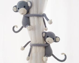 Grey Curtain Tie Back Holder Monkey  Baby Room Decor Nursery Decor Amigurumi Curtain Tieback Holder Monkey Safari Animals Theme more colors