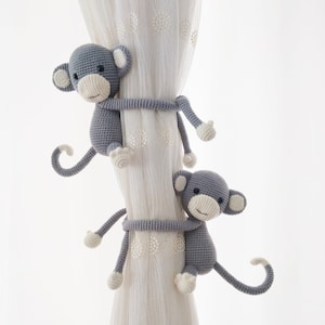 Grey Curtain Tie Back Holder Monkey  Baby Room Decor Nursery Decor Amigurumi Curtain Tieback Holder Monkey Safari Animals Theme more colors