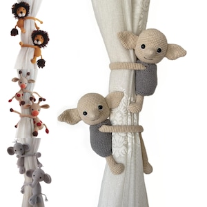 Safari Nursery Themed Animals Curtain Tie Back, Safari Animals Themed Nursery Decor, Amigurumi Elephant, Monkey, Giraffe, Lion, HP House Elf