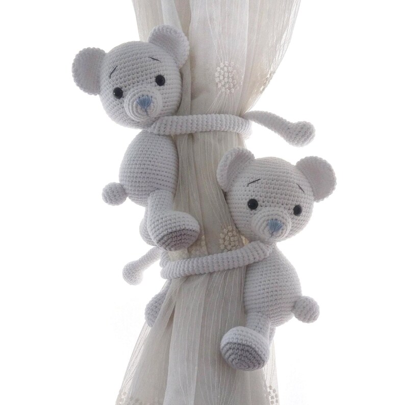 Bear Crochet Curtain Tie Back, Jungle Theme Nursery Decor, Baby Room Decor, Baby Shower Gift White