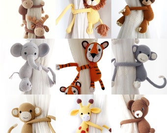 Safari Nursery Themed Animals Curtain Tie Back, Nursery Decor, Amigurumi Elephant, Monkey, Giraffe, Lion, Tiger, Sloth, Bear, Deer Toy
