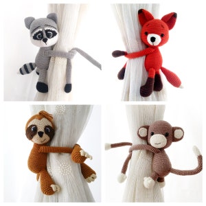 Funny Animals Curtain Tie Back, Healthy Nursery Decor, Baby Gift, Amigurumi Fox, Raccoon, Monkey, Sloth Toy