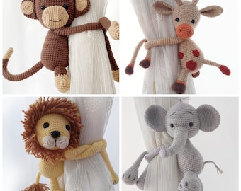 Safari Nursery Themed Animals Curtain Tie Back, Safari Animals Themed Nursery Decor, Amigurumi Elephant, Monkey, Giraffe, Lion Toy