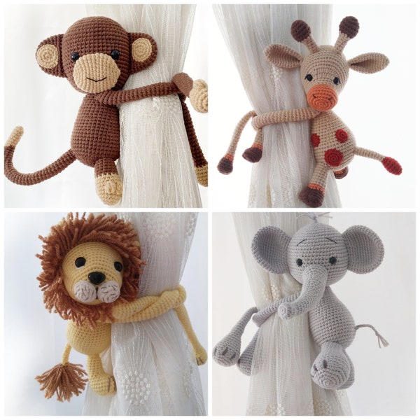 Safari-Kinderzimmer-Themen-Tiere-Vorhang-Raffhalter, Safari-Tiere-Themen-Kinderzimmerdekoration, Amigurumi-Elefant, Affe, Giraffe, Löwe-Spielzeug