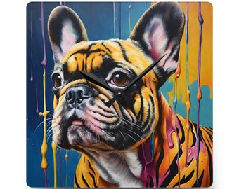 Kleurrijke Franse Tijger Bulldog Verf Druppelen Acryl Wandklok