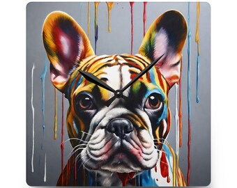 Kleurrijke Franse Tijger Bulldog Verf Druppelen Acryl Wandklok