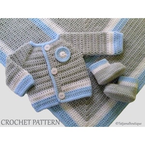 Crochet Pattern Baby Blanket, Cardigan and Booties, crochet baby clothes pattern, white baby blue grey blanket, baby boy pattern PDF #92.