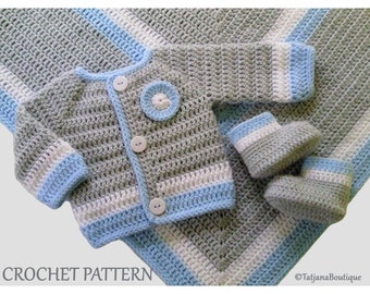 Crochet Pattern Baby Blanket, Cardigan and Booties, crochet baby clothes pattern, white baby blue grey blanket, baby boy pattern PDF #92.