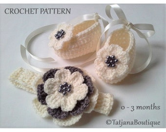 Crochet Pattern Baby Headband and Ballerina Booties, crochet baby headband pattern, crochet booties pattern, crochet flower pattern PDF #117