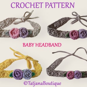 May include: Crochet pattern for a baby headband with a flower design. The headband is available in beige, yellow, and brown. The flowers are pink, purple, and green.  &copy;TatjanaBoutique