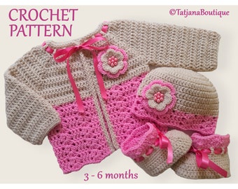Crochet Pattern Baby Cardigan Hat and Booties, new baby gift, beige pink baby sweater hat shoes crochet pattern, crochet flowers, PDF #135