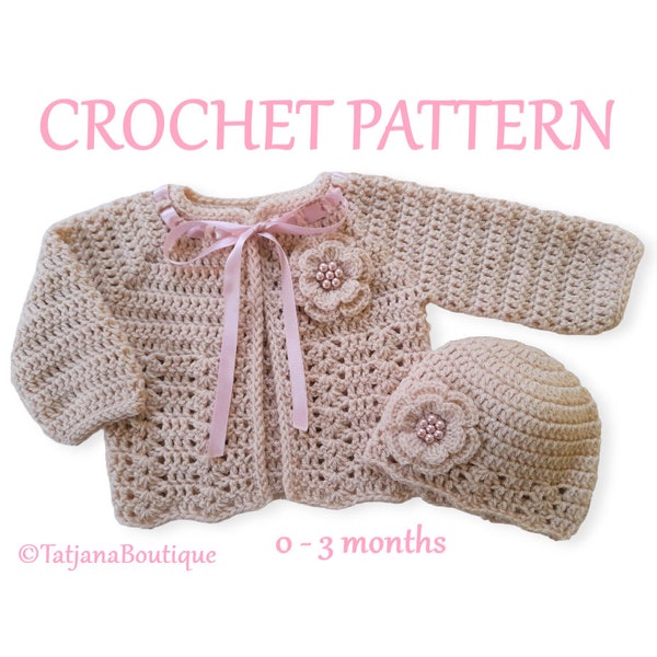 Crochet Pattern Baby Cardigan and Hat, new baby gift pattern, beige pink baby sweater hat crochet pattern, crochet flowers pattern, PDF #86