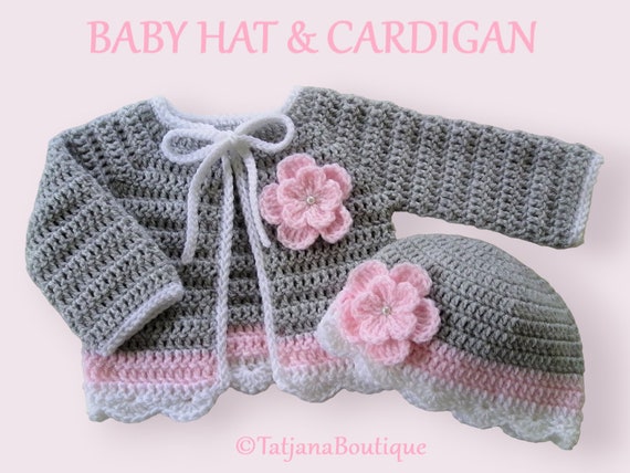 Crochet Pattern Baby Cardigan and Hat, Crochet Baby Pattern, Grey