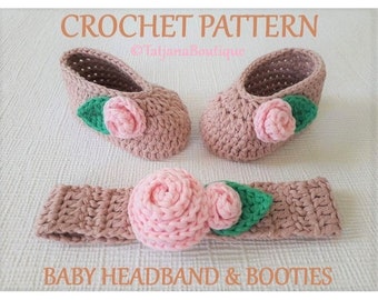 Crochet Pattern Baby Headband and Ballerina Booties, cotton baby headband and booties crochet pattern, crochet roses leaf pattern PDF#37 #40