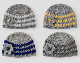 Crochet Pattern Baby Hat, modèle de crochet de bonnet de bébé, cadeau de douche de bébé, fleur de modèle de crochet, chapeau de bébé gris bleu jaune blanc, PDF #88.