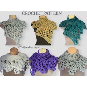 May include: Crochet pattern for a cowl or neck warmer in six different colours: light green, beige, teal, white, purple, and grey. The pattern is called "Crochet Pattern".