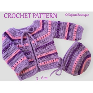 May include: A crochet pattern for a baby cardigan and matching hat in shades of purple and pink. The set is handmade with a striped design and features tie closures. The text "CROCHET PATTERN" and "3-6 m" are visible.