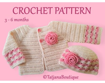 Crochet Pattern Baby Cardigan and Hat Set, baby clothes crochet pattern, baby girl ivory pink crochet pattern cardigan hat flowers, PDF #98